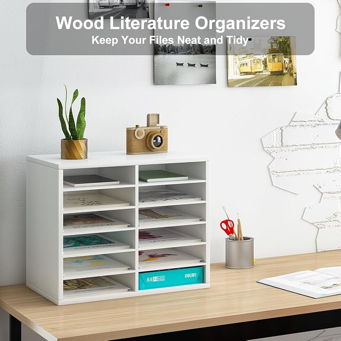 Countertop Mail Sorter Organizer, Wooden Literature Organizer, Student Mailbox for Classroom, Desktop Bill Organizer for Office Home School, 12 Compartments, White - Image 3
