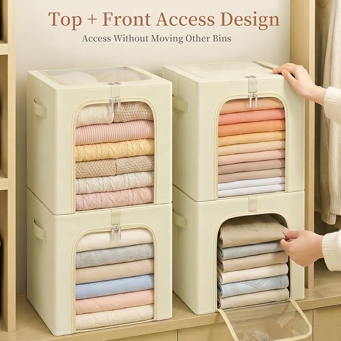 GoMaihe Blanket Storage Bins with Metal Frame for Closet, 55L 6-Pack Beige | Winter Coat Clothing Comforters Bedding, Closet Top Shelf Organizer, Collapse-Proof Stackable, Clear Window Dual Access - Image 4