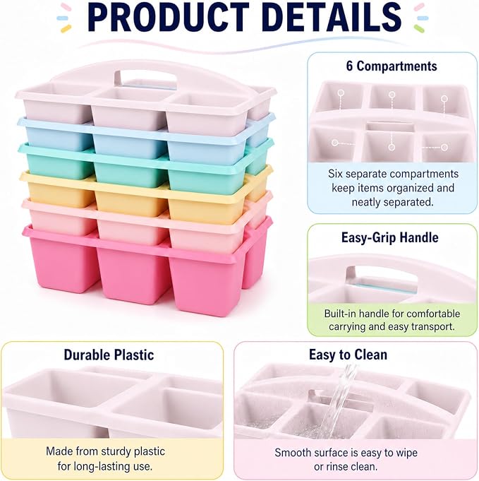 6 Pack Assorted Colors 6 Compartment Classroom Caddy with Handle Portable Plastic Storage Classroom Caddies Organizer for Classrooms Supply Teacher Office Table Desk(Pink Purple) - Image 3