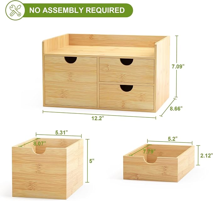 Bamboo Desk Organizer with Drawers, Desktop Storage Box for Office Supplies | 3 Drawers Desktop organizer, No Assembly Required, Natural Wood Wooden Desktop Drawers for Bills, Cosmetics, Seals, Paper - Image 5