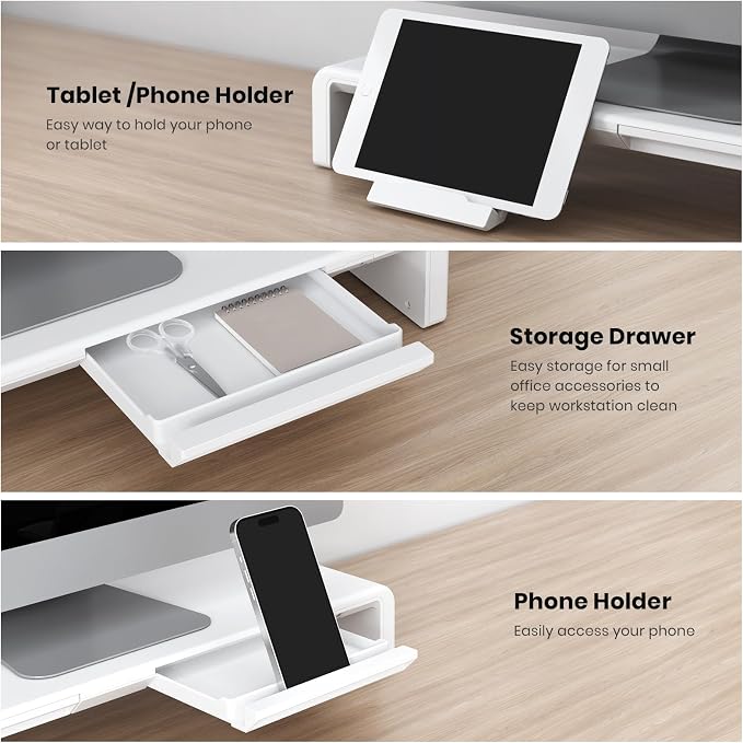 Monitor Stand Riser, Klearlook Foldable, Height Adjustable Computer Stand, Desk Shelf Riser with Storage Drawer &Tablet Phone Stand for Desktop, Laptop (White) - Image 5