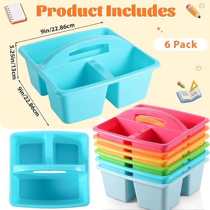 6 Pack 3 Compartment Small Caddy Plastic Classroom Organizer with Handle Portable Teacher Supply Storage Caddy Craft Art Caddies for Pencil, Crayon, Marker, Home, Office, School Supplies(Multicolored) - Image 2