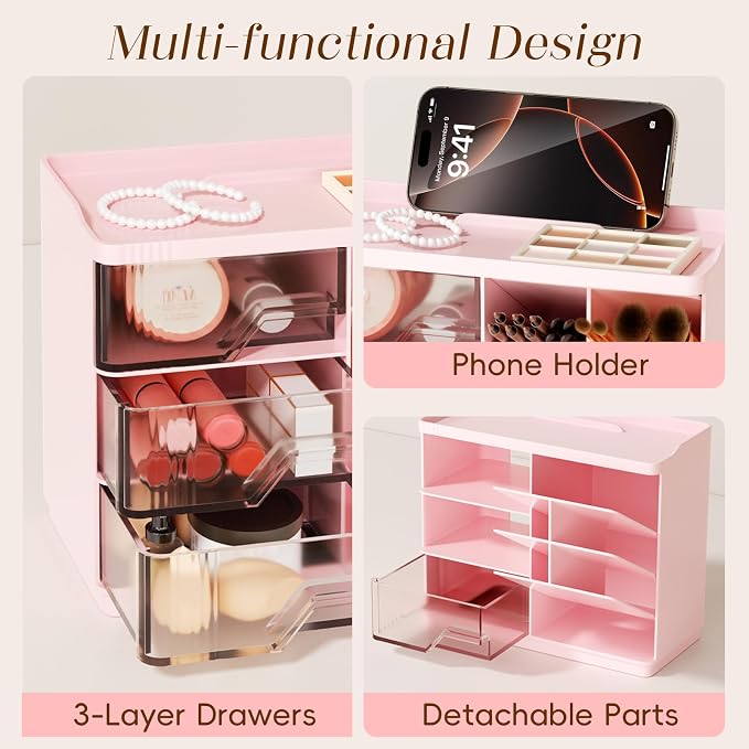 Small Makeup Organizer with Drawers, Stackable Bathroom Couneter Organizer with Phone Holder, Versatile Vanity Organizer Countertop, Cosmetic Organizer for Makeup Brush, Skin Care, Lotion -Pink,1Pack - Image 5