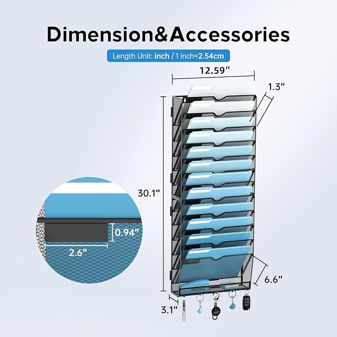 13-Tier Hanging Wall File Organizer with Hooks, 2 Pack | Mesh Wall File Holder, Mail Organizer Wall Mounted for Papers, Documents, Folders and Magazines in Home Office, Classroom - Image 3