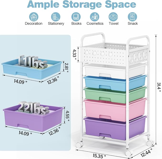 5 Drawer Rolling Storage Cart with Pegboard Top and Hooks, Ice Cream | Mobile Organizer Cart with Wheels for Office Supplies, Craft Storage, Classroom Organization, Home Utility Cart - Image 2