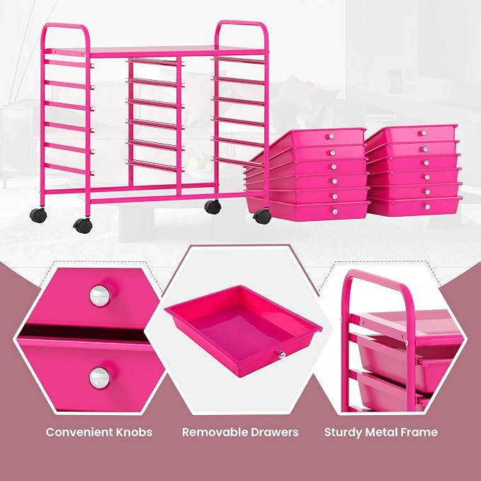 GOFLAME 12-Drawer Rolling Storage Cart, Multifunctional Art Craft Organizer Cart, Mobile Utility Storage Cart with Removable Drawers & Lockable Wheels, Craft Cart for Home Office School, Hot Pink - Image 6
