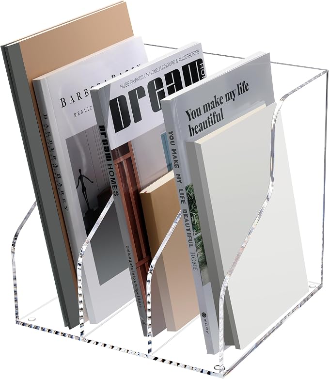 HeZone Desk File Organizer, Acrylic Magazine File Holder with 3 Vertical Compartments Rack File Sorter for Office Home Classroom Desk Organization, Clear… by HeZone
