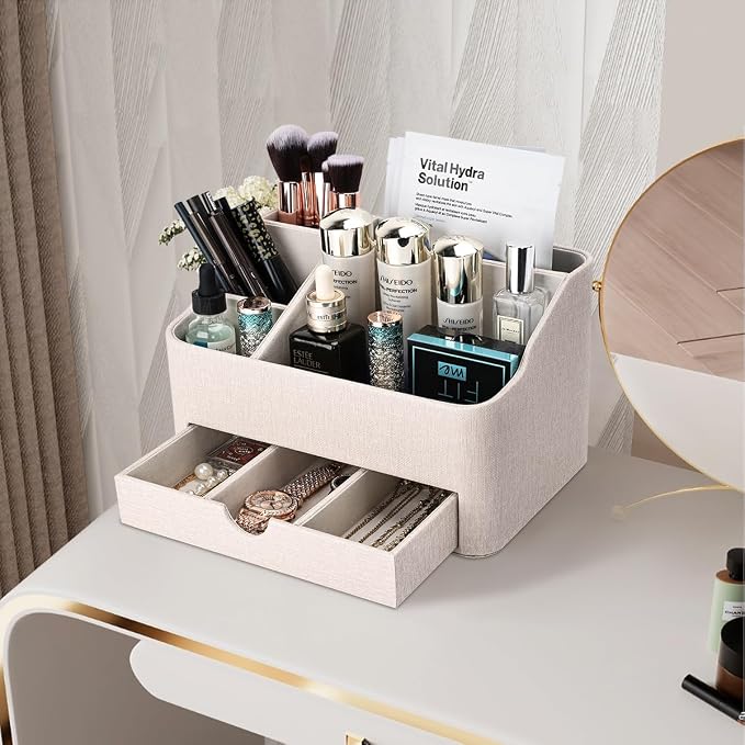 PU Leather Desk Organizer with Drawer, 5 Compartments Desktop Storage Caddy for Office & Home Supplies, Pen Holder for Remote Control, Phone & Accessories, Mail Organizer Countertop(Beige) - Image 8
