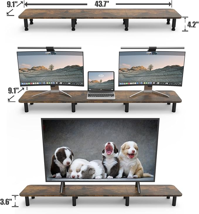Dual Monitor Stand - 43.7 inch Extra Long Wide TV Stand - Wood & Steel Leg Desktop Riser - Desk Organization - Home Office (Vintage) - Image 4