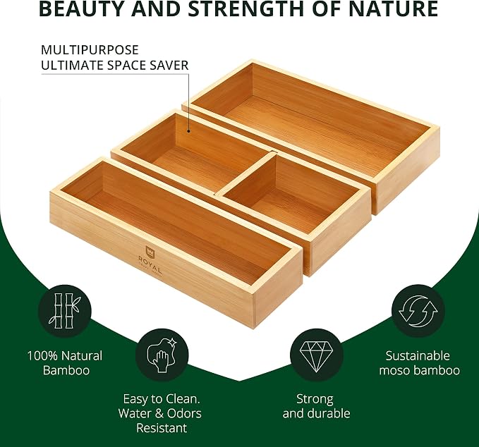 ROYAL CRAFT WOOD Luxury Bamboo Drawer Organizer Storage Box, Bin Set - Multi-Use Drawer Organizer for Kitchen, Bathroom, Office Desk, Makeup, Jewelry (3 Boxes) - Image 5
