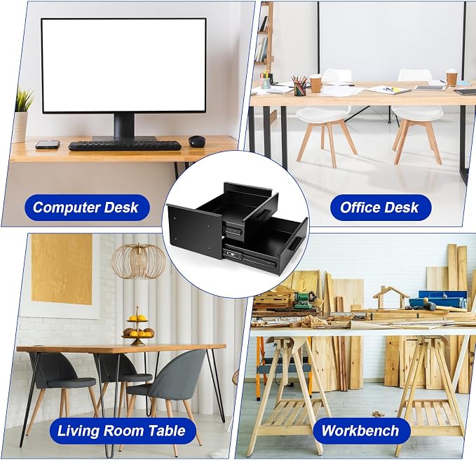 16'' Under Desk Drawer Slide-out Steel Under Counter Drawers Storage Organizer Large Hidden Pull-out Tray for Table Desks Home Office Workstation(Black,2 Layer) - Image 6
