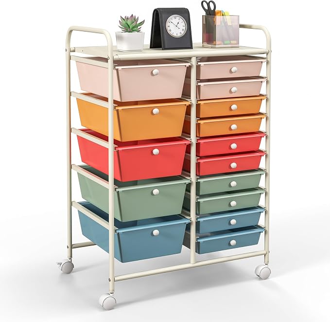 GOFLAME 15-Drawer Rolling Storage Cart, Craft Storage Cart with Removable Drawers & Lockable Wheels, Art Cart Supply Storage Organizer for Home Office Classroom, Macaron Color by GOFLAME