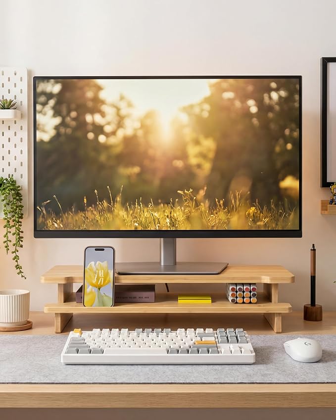 23” Bamboo Monitor Stand with Phone & Tablet Holder Desk Shelf | Monitor Riser for 40-55 Inch Desk Cozy Computer Setup Workplace Organizer Keyboard Storage Compact Ergonomic - Image 2