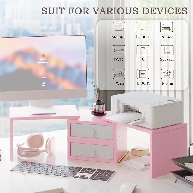 TEAMIX Pink Dual Monitor Stand Riser with 2 Drawers - Length and Angle Adjustable Double Corner Desk Shelf Organizer 37 inch for 2 Laptop/PC/Screen/TV (2 Drawers - 8''H) - Image 2