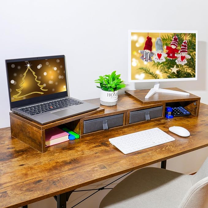 TEAMIX 2 Pack and 2 Drawers Rustic Brown Wood Monitor Stand Riser for 2 Monitors/Laptop/PC, Wood Screen/TV Stand Desk Organizer. - Image 7