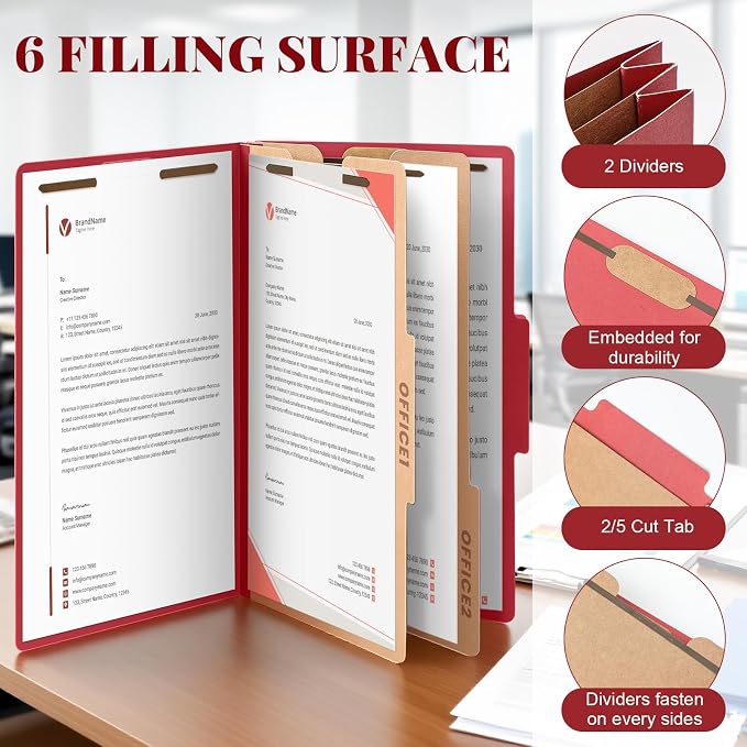 AmazingSpark 12 Pcs Legal Size Classification Folders Bulk 2 Divider Pressboard File Folder with Expansion 2 Prongs Fastener Heavy Duty Office File Organizer for School Hospitals Home(Dark Red) - Image 3