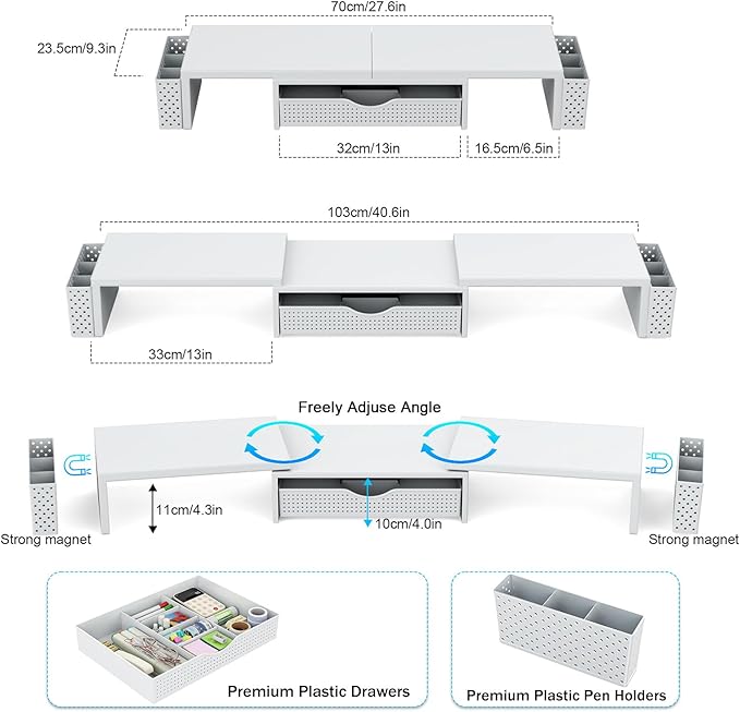 Spacrea Metal Desk Organizers and Accessories, Dual Monitor Stand Riser with Drawer and 2 Pen Holders, Desk Accessories & Workspace Desktop Organizers for Office Supplies (White) - Image 5