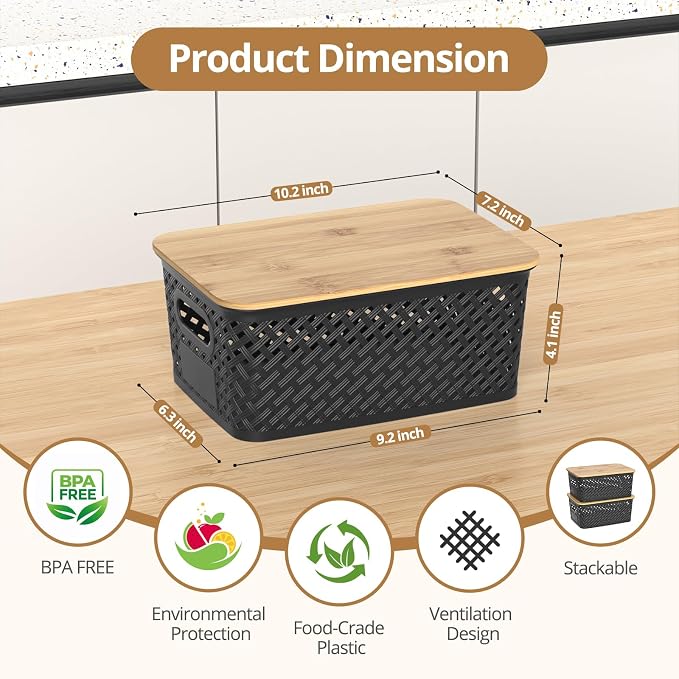 Plastic Storage Bins with Bamboo Lids, Stackable Small Box Baskets for Organizing and Containers for Shelves Drawers Desktop Closet Pantry Classroom Office Home, 6 Pack 10.2x7.2x4.1 Inch, Black - Image 2