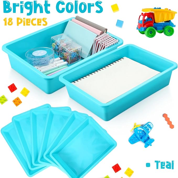 18 Pcs Flat Storage Organizer Bins Letter Size Paper Tray Classroom Storage Plastic Art Trays Classroom Pencil Organizer Baskets for School Office Teacher Book Organization(Light Blue) - Image 4
