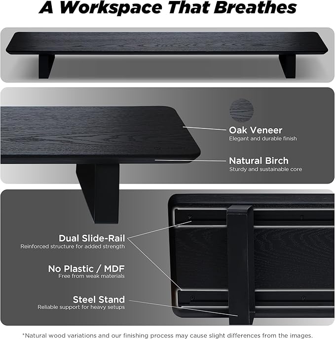 Moodular Wooden Monitor Stand Desk Organizer, Large 45.6" Black | Customizable Organized Workspace, Aluminum Slide Rails, 10 Add-Ons Sold Separately: Storage Drawer, Tablet, Phone & More - Image 3