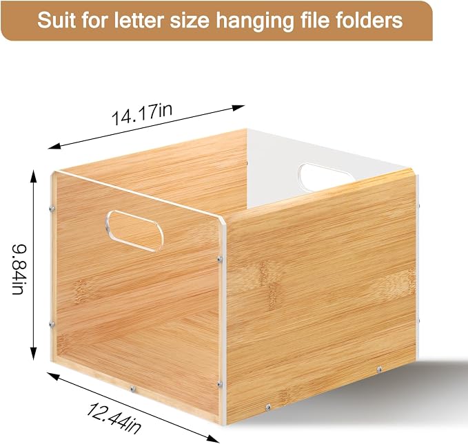 Sbanmao Hanging File Organizer, Clear Acrylic File Box Organizer, Bamboo Filing Box File Crate Organizer Storage Boxes, Portable Filing Folder with Handle for Letter Size - Image 6