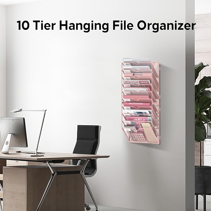 10-Tier Wall File Organizer and Hanging File Organizer, Pink | Wall Organizer and Wall Mounted File Holder with 10 Pockets and Label Panels for Files, Mail, Folders, Magazines and Paper - Image 4