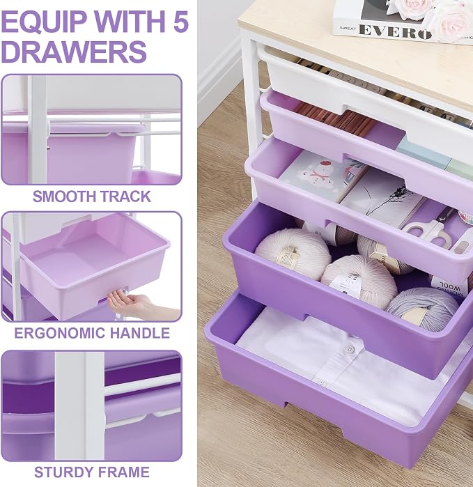 SYKIARIOL Utility Cart with 5 Drawers with Wooden Top,Purple | 5-Tiers Storage Cart with Drawers with Lockable Wheels for Craft Organizers and Storage,Home Office,Classroom,Dorm ,Playroom - Image 4
