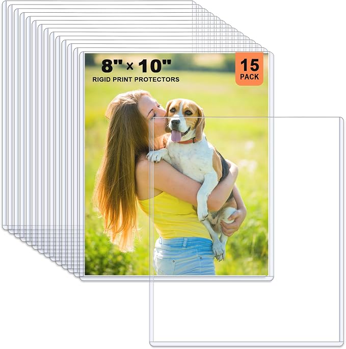 Ndsox 15 Pack 8" x 10" Rigid Print Protectors Clear Hard Plastic Sheet Protectors Top Loading for Photographs, Photo Papers, Posters, Prints, Birth Certificates, Heavy Duty No-Hole Rigid Photo Sleeves by NDSOX