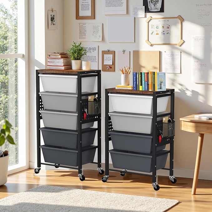 Rolling Cart with 5 Drawers, Plastic Drawer Storage Carts with Wheels & Wooden Tabletop, Metal Utility Cart with Pegboards, Office Living Room Classroom Craft Organization and Storage, Dark Grey - Image 2