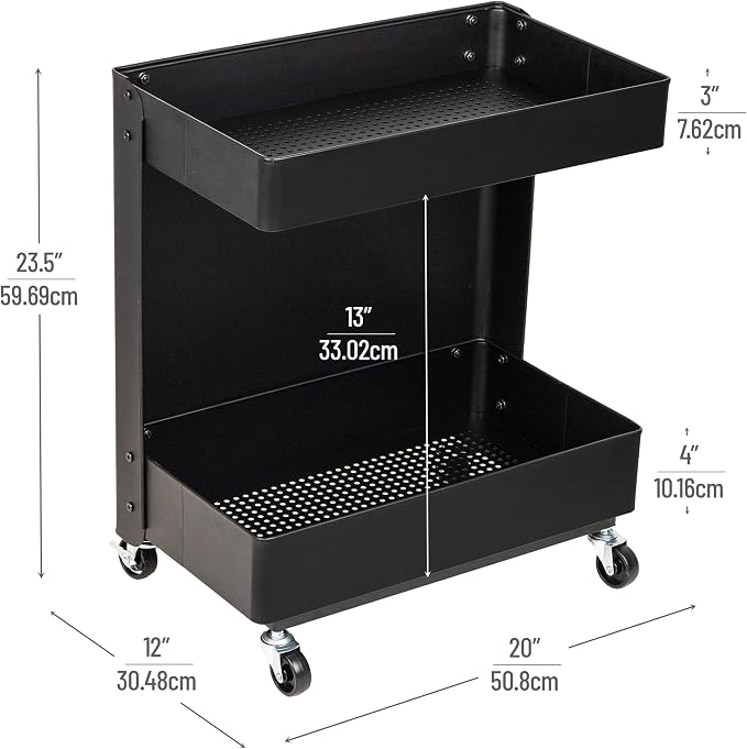 Mind Reader Under Desk Rolling Cart, 2-Tier Steel Utility Organizer, No Assembly Required, 12" L x 20" W x 23.5" H, Black - Image 3