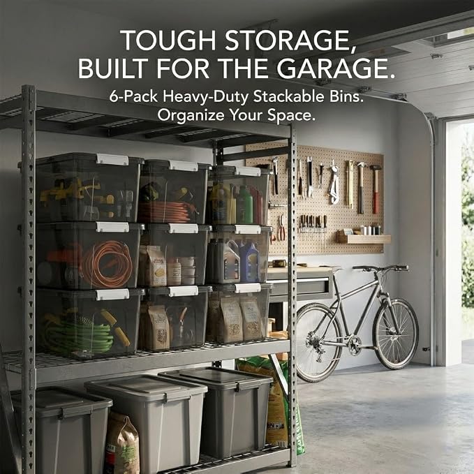 19 Quart Stackable Plastic Storage Bins with Lids, 6 Pack Clear Black Organizer Boxes with Secure Latches for Garage, Tools, Closet, Office, Durable Storage - Image 6