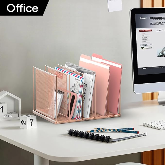 File Organizer for Desk, 5-Section Vertical File Sorter, Paper Holder Organizer Standing Metal File Folder for Office Home Classroom, Rose Gold - Image 7