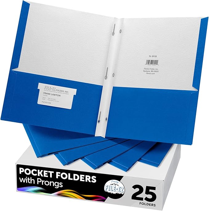 FILE-EZ Two-Pocket Folders with 3-Prong Fasteners, Blue Color, 25-Pack, Durable Textured Paper, Matte Finish, Letter Sheet Size (EZ-92523) by FILE-EZ