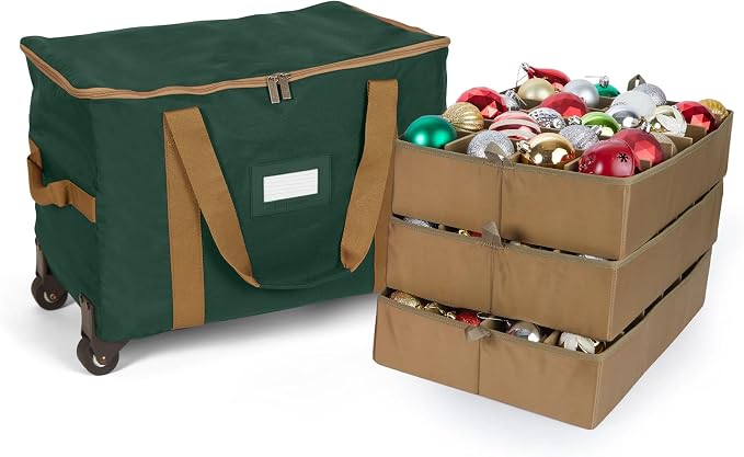 Covermates Keepsakes Rolling Adjustable Ornament Storage Bag – Heavy-Duty Polyester, FlexGrid Trays & Padded Dividers – Protective Holiday Organizer with Wheels, Handles & ID Window, Green by Covermates
