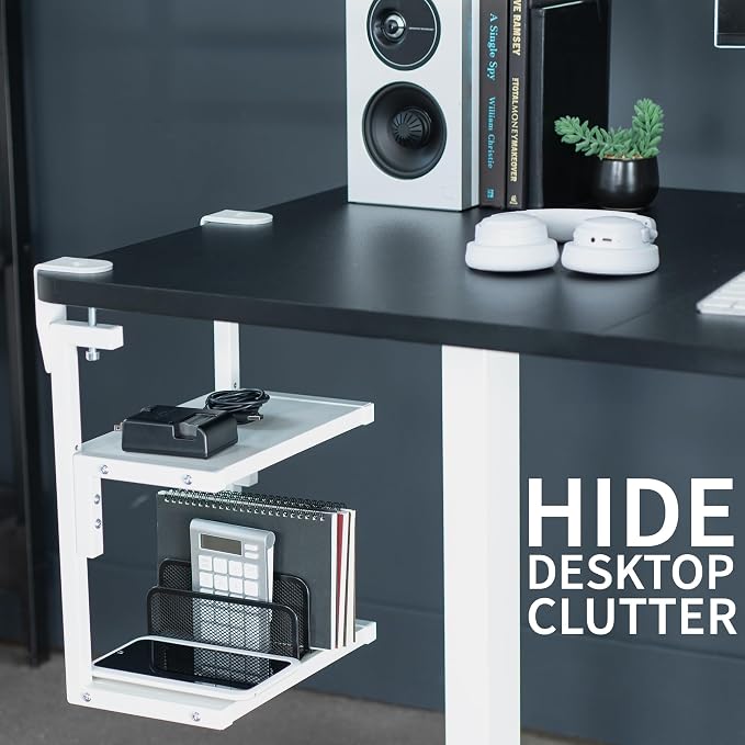 VIVO White Clamp-on 13 inch 2-Tier Desk Shelf, STAND-SHELF2CW | Above or Below Desk, 2 Level Shelving Unit for Table Accessories, Gaming Devices, and More, Storage Tray, Desktop Organizer - Image 6