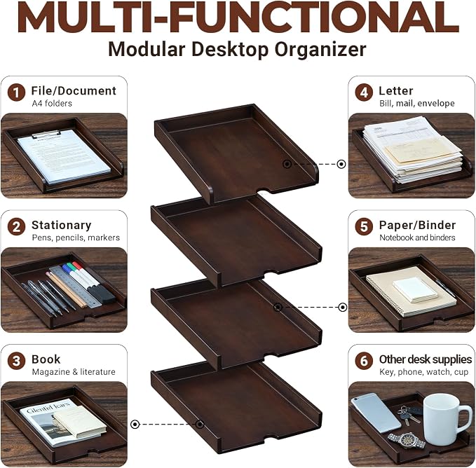 Solid Wood Stackable Letter Tray, 4-Tier Desk File Organizer for A4 Paper | letter tray for files, mail, bills & documents. walnut finish desktop organizer for home office workspace declutter. - Image 5