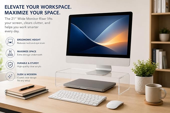 Azar 515360 Acrylic Monitor Stand Riser – Made in USA Laptop stand and Monitor Riser Acrylic Monitor Stand Riser Clear Laptop Stand for Desk Ergonomic Display Riser, Clear (21-Inch-Luxury Handcrafted) - Image 6