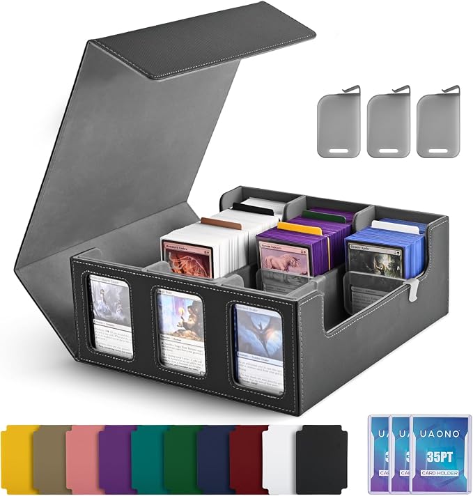 UAONO 3-Row Trading Card Storage Box with Commander Display, Black Grey | 1800+ Commander Deck Box for MTG, Bulk Card Case Fits Magic TCG PTCG Sports Cards, 10 Dividers & 3 Stoppers by UAONO