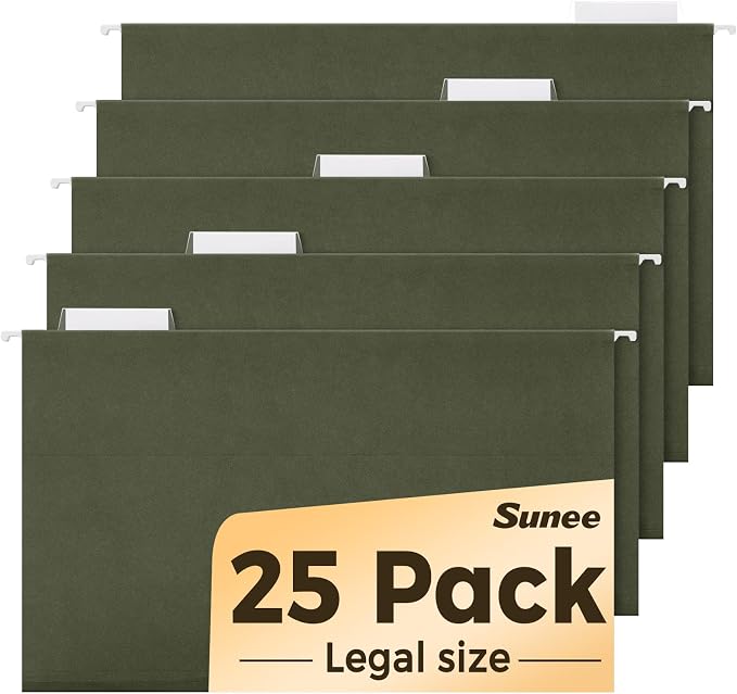 SUNEE Hanging File Folders Legal Size,25 Pack Reinforced Hang Folders, Adjustable 1/5-Cut Tabs, Designed for Bulky Files, Filing Cabinet, Standard Green by SUNEE