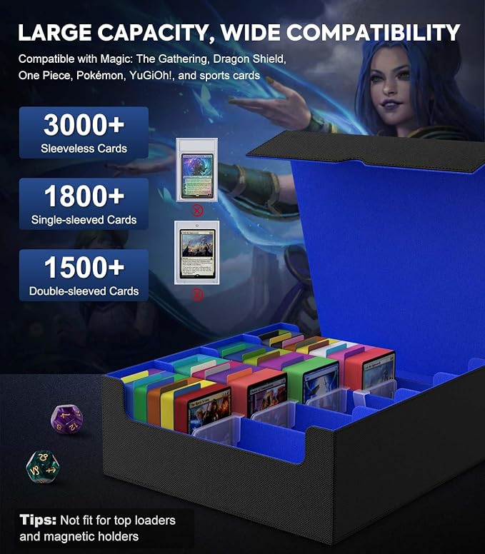 MoKo Trading Card Storage Box for MTG, 3000+ Card Organizer, Black Blue | MTG Deck Box, w/ 24 Colorful Dividers & 4 Card Supporters, MTG Card Storage for Magic Game, TCG, PTG Baseball and Sport Cards - Image 3