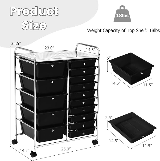 COSTWAY 15 Drawer Rolling Storage Cart, Mobile Storage Organizer | Removable Drawers & Metal Frame, Multipurpose Utility Tools Paper Organizer on Wheels for Home, Office (Black) - Image 3