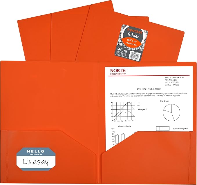 C-Line Two-Pocket Heavyweight Poly Portfolio, For Letter Size Papers, Includes Business Card Slot, 1 Case of 25 Portfolios, Orange (33952-25) by C-Line