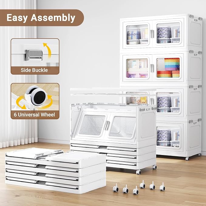 BROVIEW 900 Qt/225 Gal Stackable Storage Bins with Lids, 3 Pack, White | Large Stackable Storage Boxes w/ 1 Lid Folding Plastic Cart Organizer for Home Kitchen, Open Front Clear Door with Wheels - Image 5