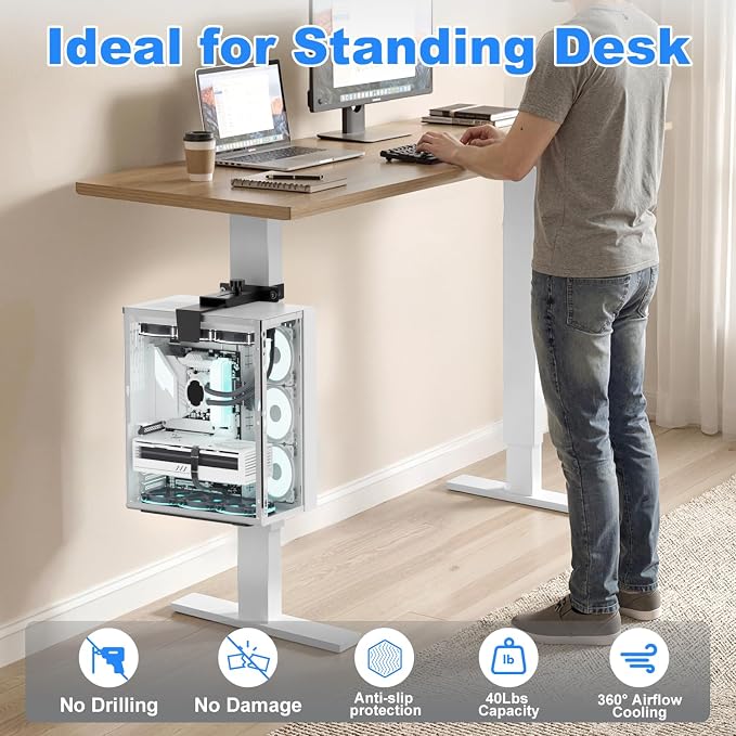 Under Desk PC Mount - Fits 3 Fixed Desk Leg Sizes, CPU Holder Under Desk | No Drilling 40 lb Capacity, Adjustable Clamp-on Desk Leg PC Mount for Standing Desk, with Non-Slip Pads, Black - Image 4