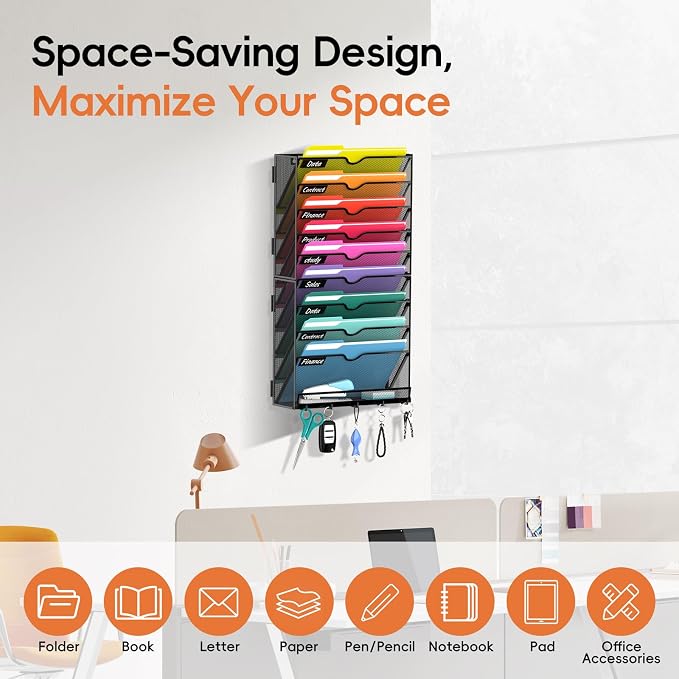 10-Tier Wall File Organizer with Hook, Hanging File Organizer Black | Wall-mounted mail storage holds papers, folders, files, clipboards and magazines, assembly required for office or home use. - Image 4