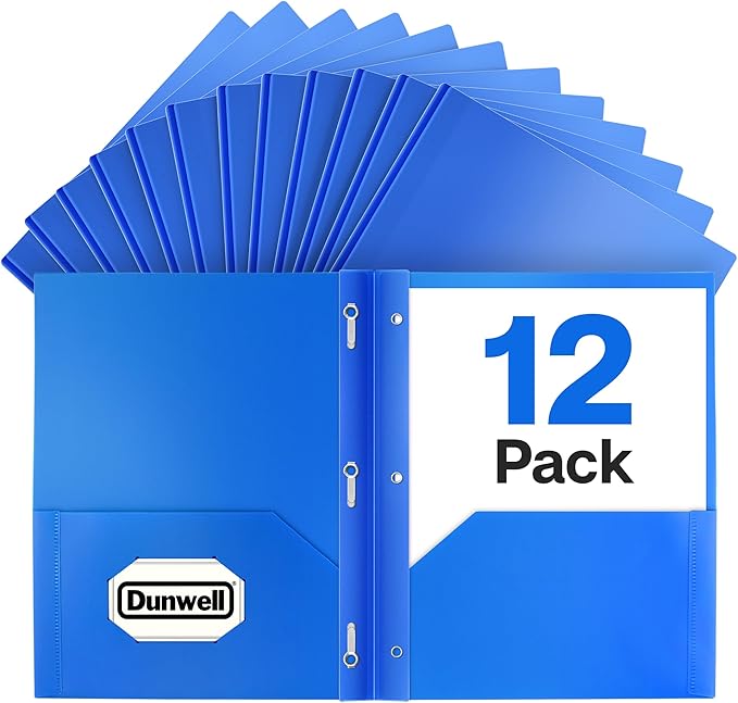 Dunwell Plastic 2-Pocket Folders with 3 Prongs, Blue, 12 Pack | Durable Acid-Free Poly with Fasteners, Long-Term School & Office Use, Labels Included by Dunwell