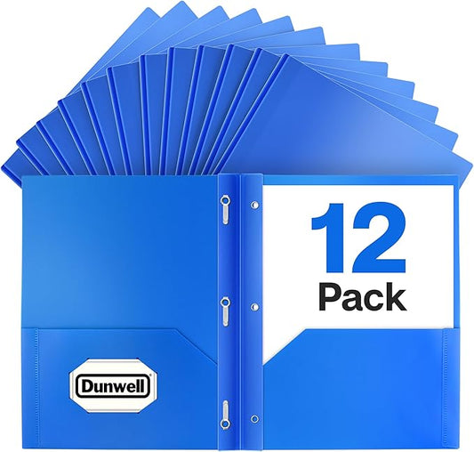 Dunwell Plastic 2-Pocket Folders with 3 Prongs, Blue, 12 Pack | Durable Acid-Free Poly with Fasteners, Long-Term School & Office Use, Labels Included by Dunwell