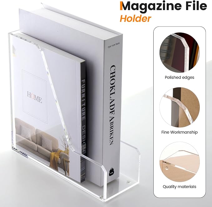 HeZone Acrylic Magazine Rack File Holder Desk Organizers and Storage 2-Pack Small Clear Acrylic Vertical Magazine Holder Book Stand for Office Desk - Image 5