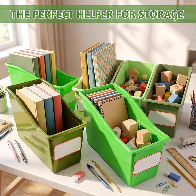 Teling 12 Pcs Book Bins Bulk for Classroom Storage Plastic Magazine Holder with Label Interlocking File Folder Organizer Binder Container Box for School Office Desktop Bookshelf Home (Gradient Green) - Image 5