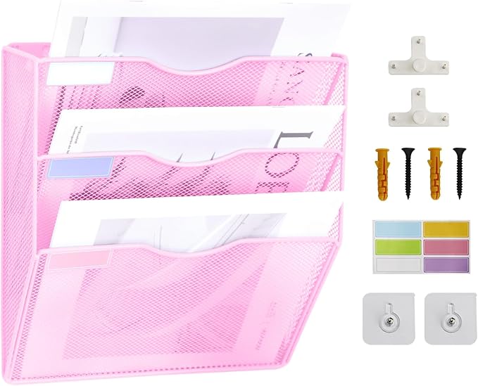 3 Pockets Mesh Wall File Holder Organizer Office Hanging File Folder Magazine Rack, Nametag Label Hooks Set Included (Pink) by ideallife